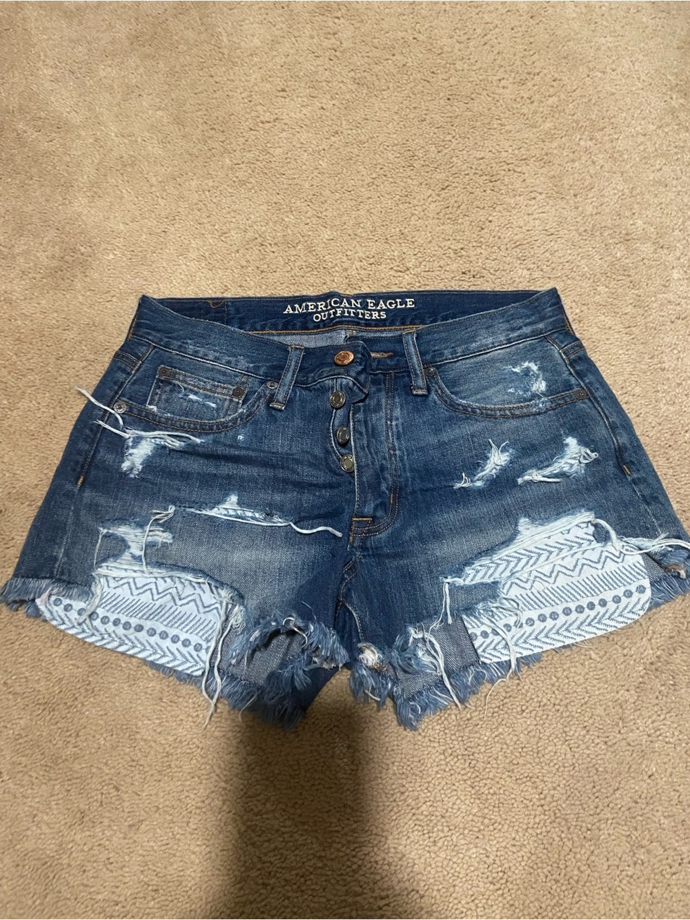 American Eagle Outfitters Blue Distressed Denim Shorts with Patterned Patch